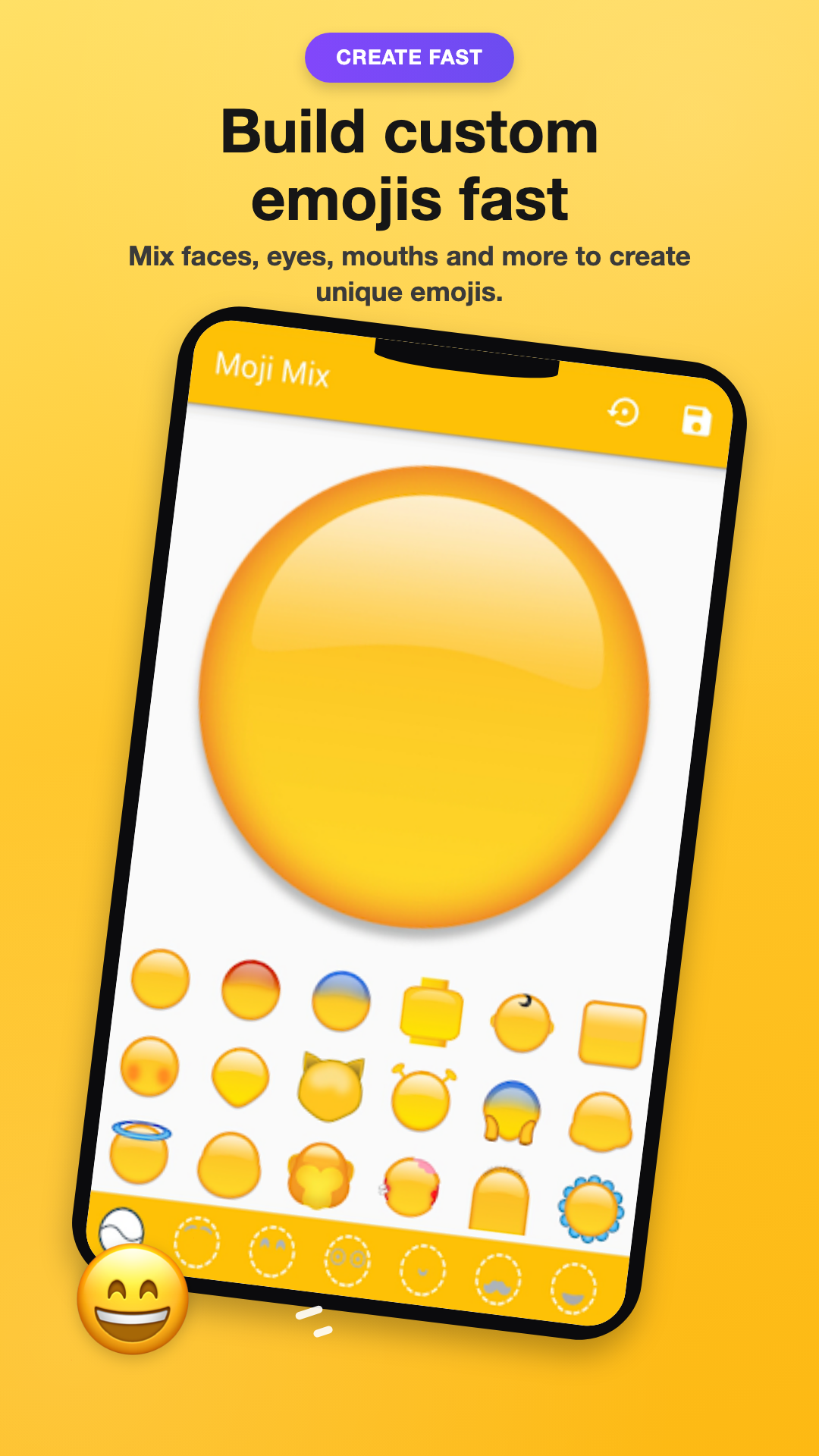 Moji Mix emoji creator screen, showing a custom smiley being assembled