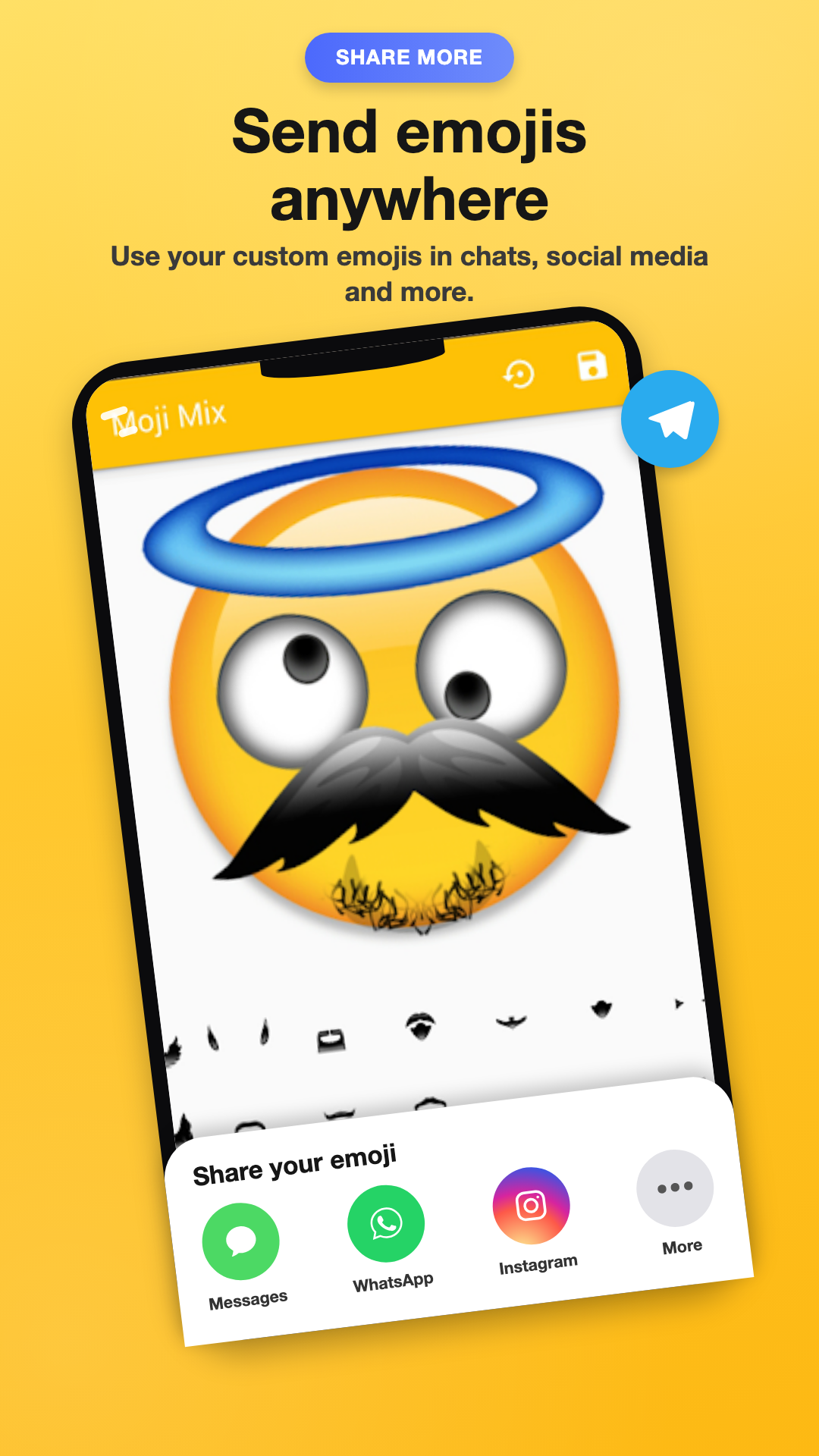 A custom emoji with sharing options for messages and social apps