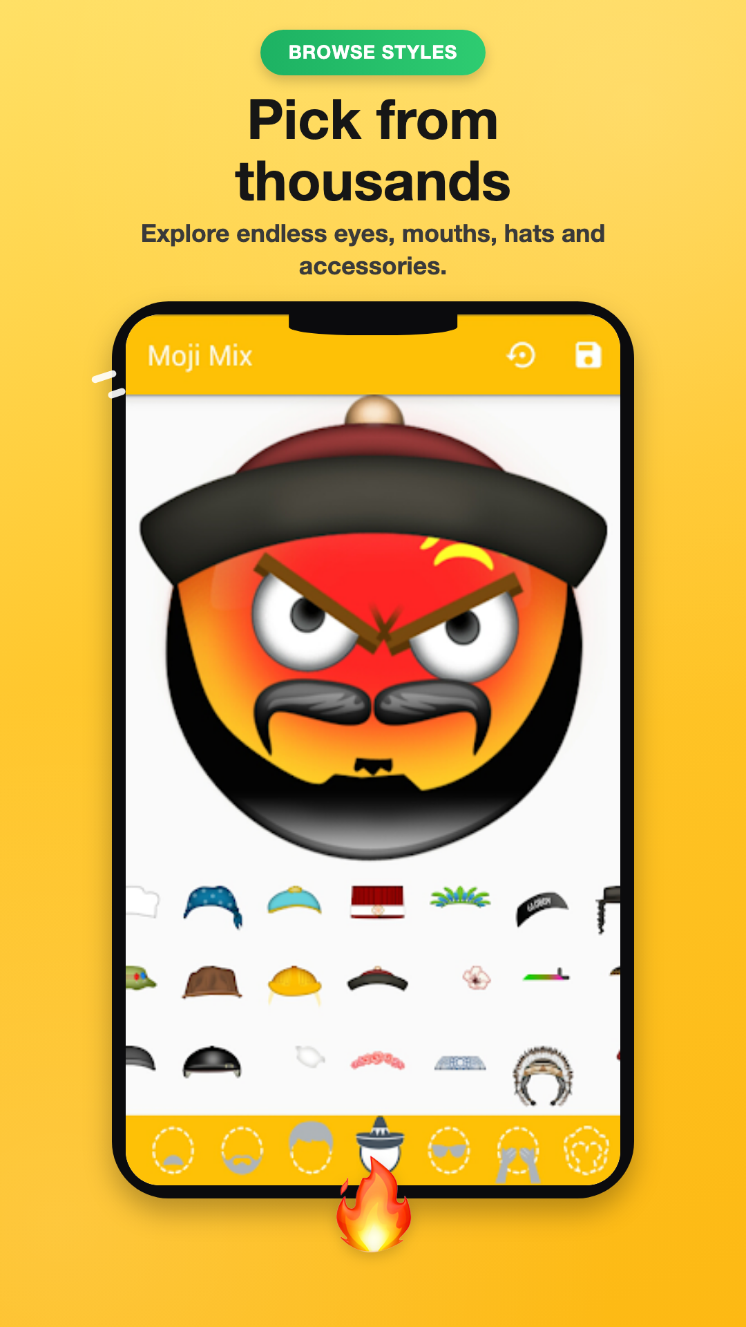A bold emoji wearing a hat, with styles to browse below