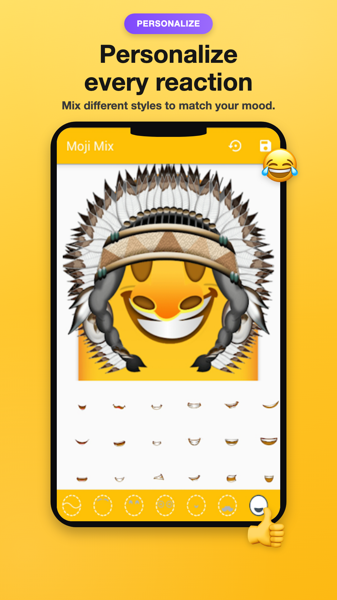 A personalized emoji with a feathered headdress and custom smile