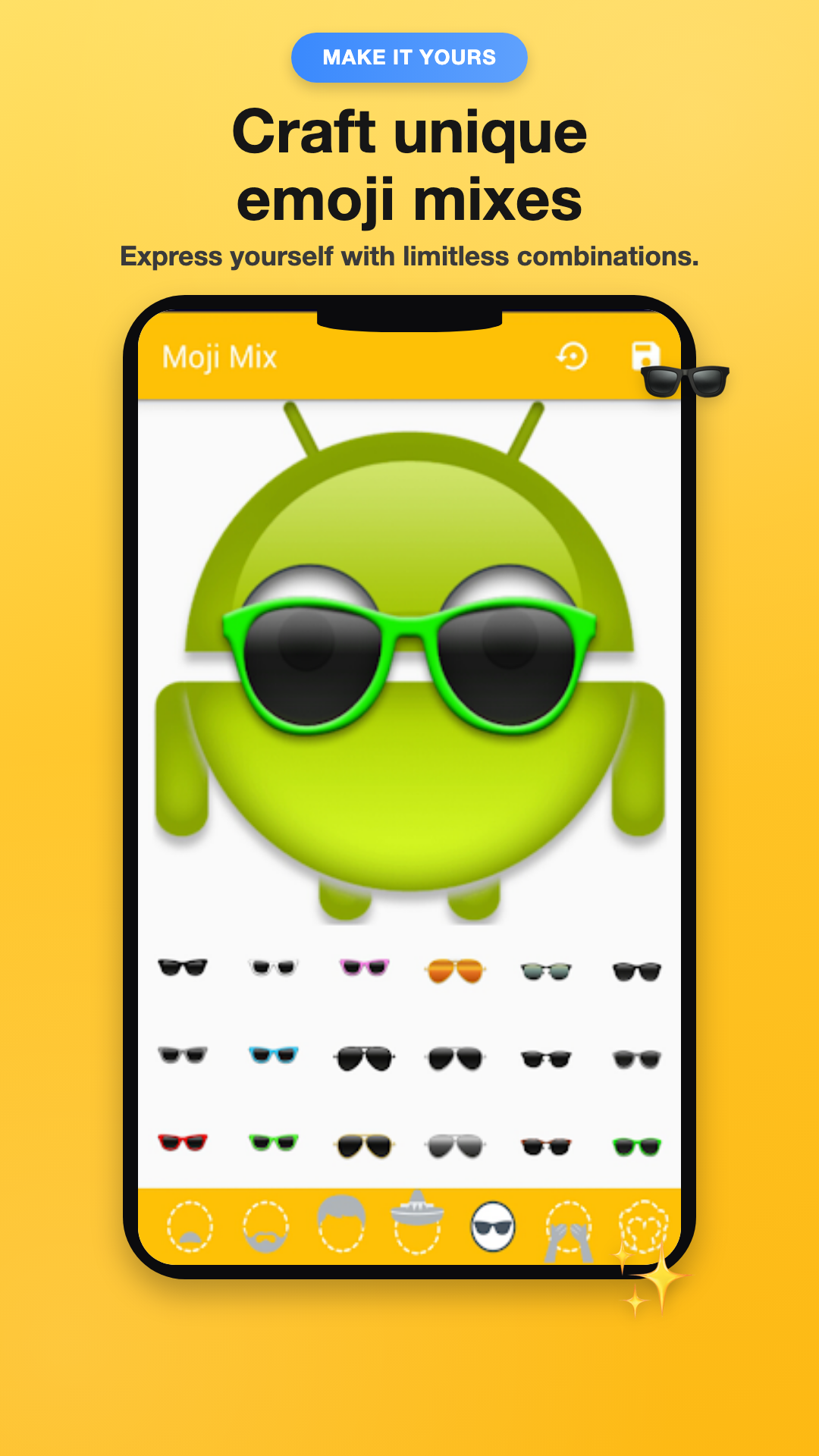 A green character wearing sunglasses, made with Moji Mix